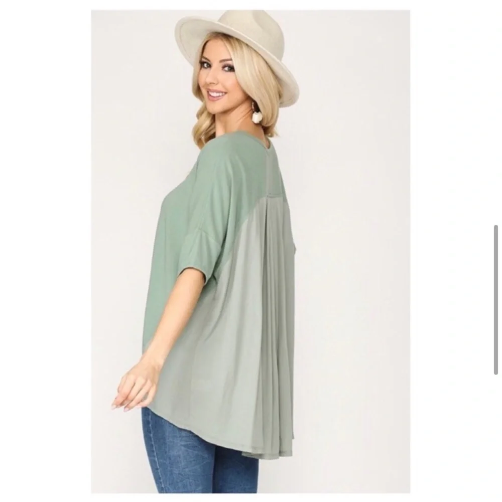 Green V Neck High Low Blouse - Picture 5 of 7